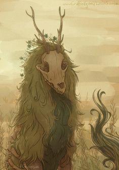 an animal with long hair and horns standing in the grass