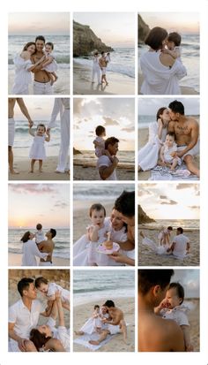 a collage of photos with people on the beach