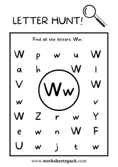 a letter hunt worksheet with the word w and an image of a magnifying