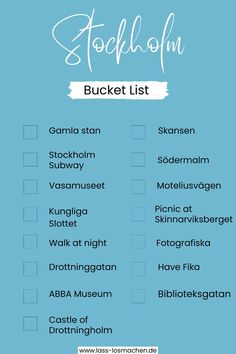 the stockholm bucket list on a blue background