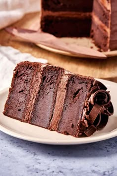 a slice of chocolate cake on a white plate