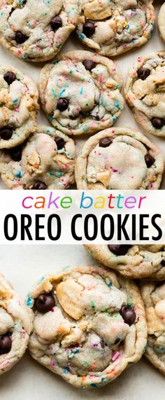 cake batter oreo cookies with chocolate chips and sprinkles in the middle