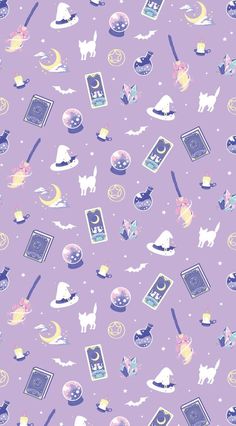 a purple background with cats, books and other things on it's surface in different colors