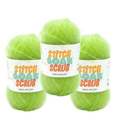 three balls of neon green yarn with the words stitch and scrib on them