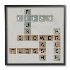 a cross made out of scrabble tiles with the words clean and us shower as flossish