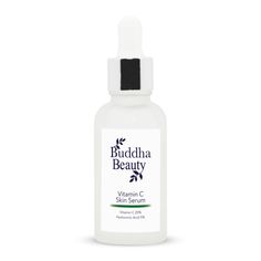 "Image promoting Buddha Beauty's vegan and cruelty-free Vitamin C Serum, formulated to fight against wrinkles, sunspots, and signs of ageing. The serum is a powerful blend of 5% Hyaluronic Acid and 20% Vitamin C. The image suggests this potent formula will yield luminous, radiant skin, emphasizing the effectiveness of nature's finest ingredients when backed by scientific research.