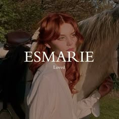 a woman standing next to a horse with the words esmaree on it's forehead