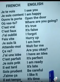 the words are written in different languages on a white board with black writing that says french