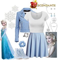 an image of a frozen princess outfit with shoes and necklaces on the bottom right hand corner