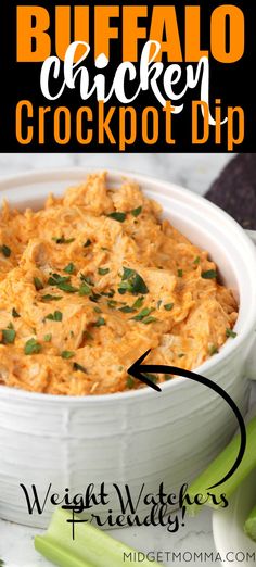 buffalo chicken crockpot dip in a white bowl with celery