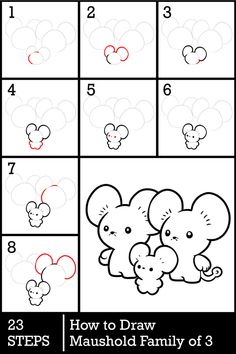 step by step drawing instructions for children to learn how to draw an elephant and mouse