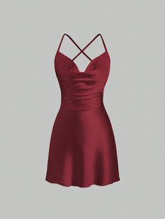 Women Spaghetti Strap Backless Criss-Cross Back Satin Lapel Fitted Elegant Dress Burgundy Sexy  Sleeveless Satin Plain Cami Non-Stretch  Women Clothing, size features are:Bust: ,Length: ,Sleeve Length: Fancy Dresses Short Night Red, Burgundy Dress Short Satin, Deep Red Satin Dress Short, Satin Dress With Pockets, Red Dress With No Back, Red Dress Prom Short Classy, Red Fancy Dresses Short, Crimson Dress Formal Short, V Cut Red Dress