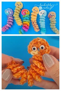 crocheted octopus made with yarn and beads is shown in two different pictures, one has