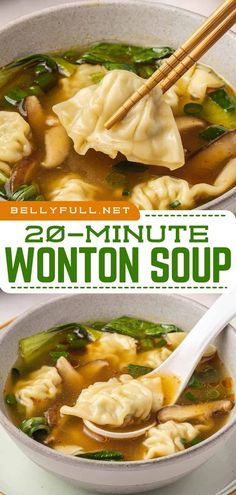 wonton soup in a bowl with chopsticks on top and the title below it