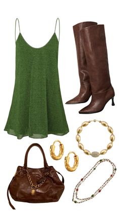 a woman's outfit with boots, bracelets and purse