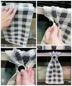 four pictures show how to make an oven mitt out of yarn and fabric material