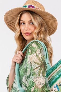 Flower Straw band Sun Hat This hat offers 50+ UPF sun protection, keeping your face shielded from harmful UV rays. Chic Hat, White Dress Formal, Rose Leggings, Plus Size Sleepwear, Colorful Embroidery, Straw Sun Hat, Wide Brim Sun Hat, Poncho Tops, Boho Aesthetic