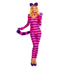 a woman in a pink and purple striped cat costume is posing with her hands up