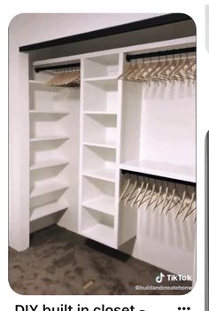 an empty closet with white shelves and lots of hangers