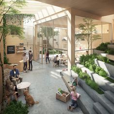 an artist's rendering of people sitting and standing in a building with plants growing on the walls