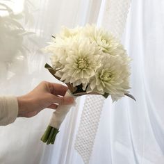 a person holding a bouquet of white flowers in front of a window with sheer curtains