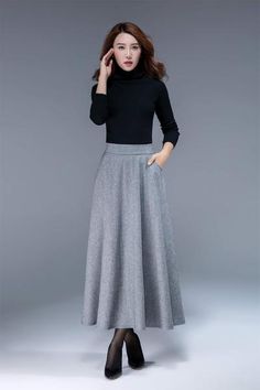 gray wool skirt, a line skirt, classic skirt, elegant skirt, skirt wit – xiaolizi Long Wool Skirt, Black Skirt Outfits, Skirt A Line, Unique Skirts, Long Skirt Fashion, Classic Skirts, Pleated Long Skirt, Satin Blouses, Winter Skirt