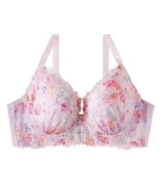 The “aimerfeel RAKU BRA(R)" Comfort Bra is simple yet makes your breasts plump and beautiful, and it will now come in FGH cup sizes!This bra has a beautiful design like stained-glass, with a flower print embroidered onto mesh fabric with a colorful flower print. The touch of gold threading in the embroidery combined with the jewel between the cups makes this a gorgeous bra!A push up bra with soft wire and stretchy under belt! It is comfortable but also creates a beautifully rounded bust line. -S Pink Feminine Bra With Removable Cups, 1/4 Cup Bra, Feminine Purple Bra, Elegant Purple Push-up Bra, Feminine Purple Underwire Bra, Cheap Purple Bra With Built-in Bra, Fitted Multicolor Bra With Floral Print, Floral Print Underwire Bra, Bra Extender