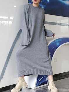 Sku CY-!65342 Material Polyester , Spandex , Knitting Style Loose , Long Sleeves Feature Solid Color Neckline Round-neck Occasion Casual , Vacation , Urban , Simple Seasons Spring , Autumn , Winter Type Sweater Dresses Color GRAY Size FREE SIZE Please consult the size chart we provide for this item's measurements to help you decide which size to buy.Please note: There may be 1-3cm differ due to manual measurement.CMINCH Bust Waist Shoulder Sleeve Length FREE SIZE 130 130 77 45 120 Casual Long Knitted Sweater Dress, Casual Knit Sweater Dress With Crew Neck, Casual Knitted Sweater Dress In Solid Color, Long Casual Sweater Dress In Solid Color, Casual High Neck Ribbed Sweater Dress, Casual Long Knit Sweater Dress, Long Casual Knit Sweater Dress, Casual Ribbed Sweater Dress With High Neck, Casual Ribbed High Neck Sweater Dress