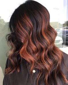 Dark Hair With Cinnamon Highlights, Dark Brown Hair With Orange Highlights, Brown Hair Orange Highlights, Copper Balayage Curly Hair, Black Hair With Copper Highlights, Hot Chocolate Hair, Brown And Copper Hair, Hot Chocolate Hair Color, Balayage Auburn