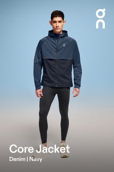 Cover up or pack it up – this versatile running jacket is your go-to basic for an everyday, all-weather wardrobe | On Men's Core Jacket in Denim/Navy, Size: XL. Cold weather running, breathable, packable Road Running. Performance Running | Recycled Polyamide Waterproof Recycled Polyester Sports Outerwear, Technical Moisture-wicking Outerwear For Running, Waterproof Gore-tex Outerwear For Winter Sports, Functional Gore-tex Sports Outerwear, Running In Cold Weather, Hooded Gore-tex Outerwear For Sports, Light Knit, Running Jacket, Mens Denim