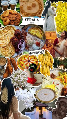 the collage has pictures of different foods and food items in each photo, including rice