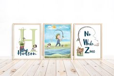 three children's art prints with the letter h, no wake zone, and a boy fishing