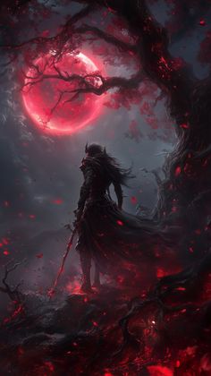 a person standing in front of a red moon