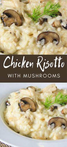 chicken risotto with mushrooms on a white plate