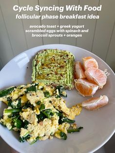 a plate with eggs, avocado and spinach on it next to oranges