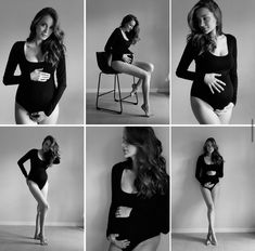 the woman is posing in all black and white poses for her photoshoot with one leg on a chair