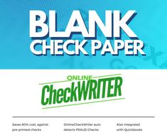 the blank check paper is displayed in front of a blue background with green and white letters