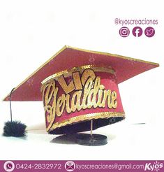 a red and gold graduation cap with the word geraddine on it's side