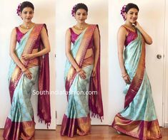 Kajal In Saree, Kajal Aggarwal In Saree, Latest Silk Sarees Trends, Silk Saree Look Traditional, Bridal Silk Saree Kanchipuram, Silk Saree Draping Styles, Kanchipuram Silk Saree Wedding Latest, Blue Kanchipuram Saree, Kajal Aggarwal Saree