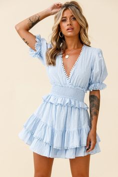 Nerissa Puff Sleeve Shirred Waist Dress Spotty Blue by Selfie Leslie Shirred Waist Dress, Crochet Circle, Frills And Ruffles, Date Night Dresses, Mini Dress Casual, Nude Heels, Waist Dress, Mesh Dress, Tulle Dress