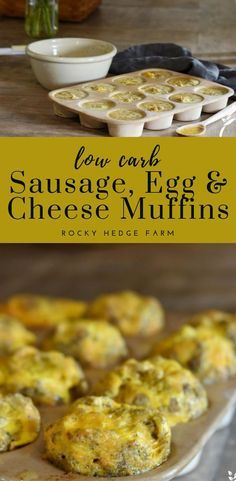 low carb sausage, egg and cheese muffins on a cutting board with text overlay