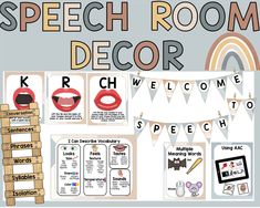 These speech and language therapy room decorations are perfect for decorating your speech room or bulletin board with functional posters and visual tools. This product includes language and articulation visual aids as well as hands on functional decor with a boho rainbow theme. 18 Speech Therapy Concept Posters: Following directions, Regular and Irregular Verbs, Describing, Multiple Meaning Words, Pronouns, Spatial Concepts, Conjunction, Compare and Contrast, Phonological Awareness, Synonyms and Preschool Speech Therapy Room Decor, Small Speech Therapy Room Decor, Decorate Speech Therapy Room, Functional Speech Room Decor, High School Speech Therapy Room Decor, Speech And Language Bulletin Boards, Boho Speech Therapy Room, Speech Therapy Room Decorations Ideas