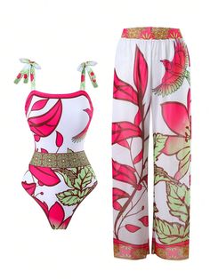 Summer Beach & Pool Plant Printed One-Piece Swimsuit With Cover-Up Long Pants Set Multicolor Boho   Fabric,Mesh Fabric Plants,All Over Print,Random Print  High Stretch  Women Clothing, size features are:Bust: ,Length: ,Sleeve Length: Beachwear One-piece With Floral Print For Poolside, Tropical Print One-piece Swimwear For Beach, Tropical Printed One-piece Swimsuit For Pool, Swimsuit With Cover Up, Beachwear One-piece Swimwear With Tropical Print, Summer Palm Tree Print Swimwear Cover-up, Pool Plants, Costume Intero, Slim Fit Top