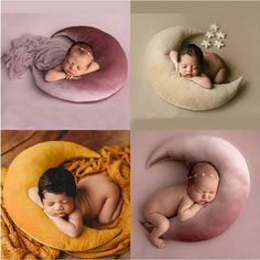 four pictures of babies sleeping on the same pillow and in different stages of their life