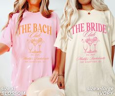 two women wearing matching t - shirts with the words the bachelor and the bride printed on them