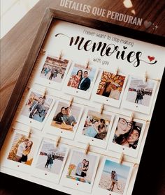 a wooden frame with pictures pinned to it that says,'memories with you '