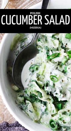 a white bowl filled with cucumber salad on top of a wooden table