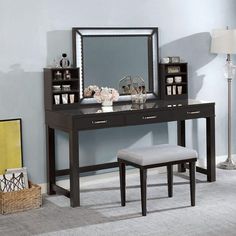 Stephanie FOA-DK5685DG Vanity Set By Furniture Of AmericaBy sofafair.com Bedroom Vanity Set, Illuminated Mirror, Padded Stool, Bedroom Makeup Vanity, Blue Desk, Mirrored Vanity Desk, Mirror Stool, Gray Vanity, Vanity Table Set