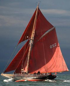 a sailboat with red sails in the ocean