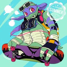 a cartoon character sitting on top of a skateboard wearing sunglasses and holding a camera